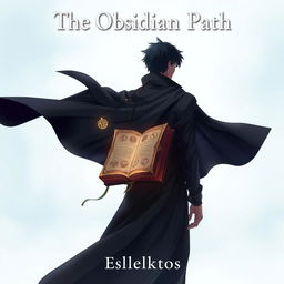 An anime-style cover page for the fantasy novel 'The Obsidian Path', depicting a man viewed from the back, clad in a flowing dark cloak that billows slightly in the wind