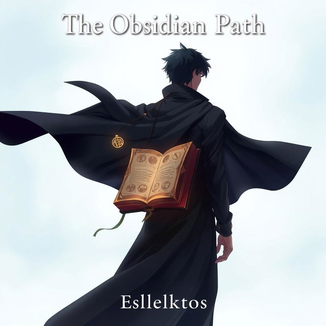 An anime-style cover page for the fantasy novel 'The Obsidian Path', depicting a man viewed from the back, clad in a flowing dark cloak that billows slightly in the wind