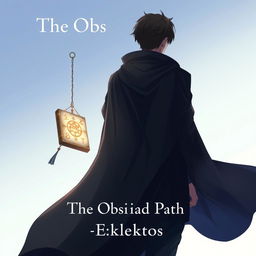 An anime-style cover page for the fantasy novel 'The Obsidian Path', depicting a man viewed from the back, clad in a flowing dark cloak that billows slightly in the wind