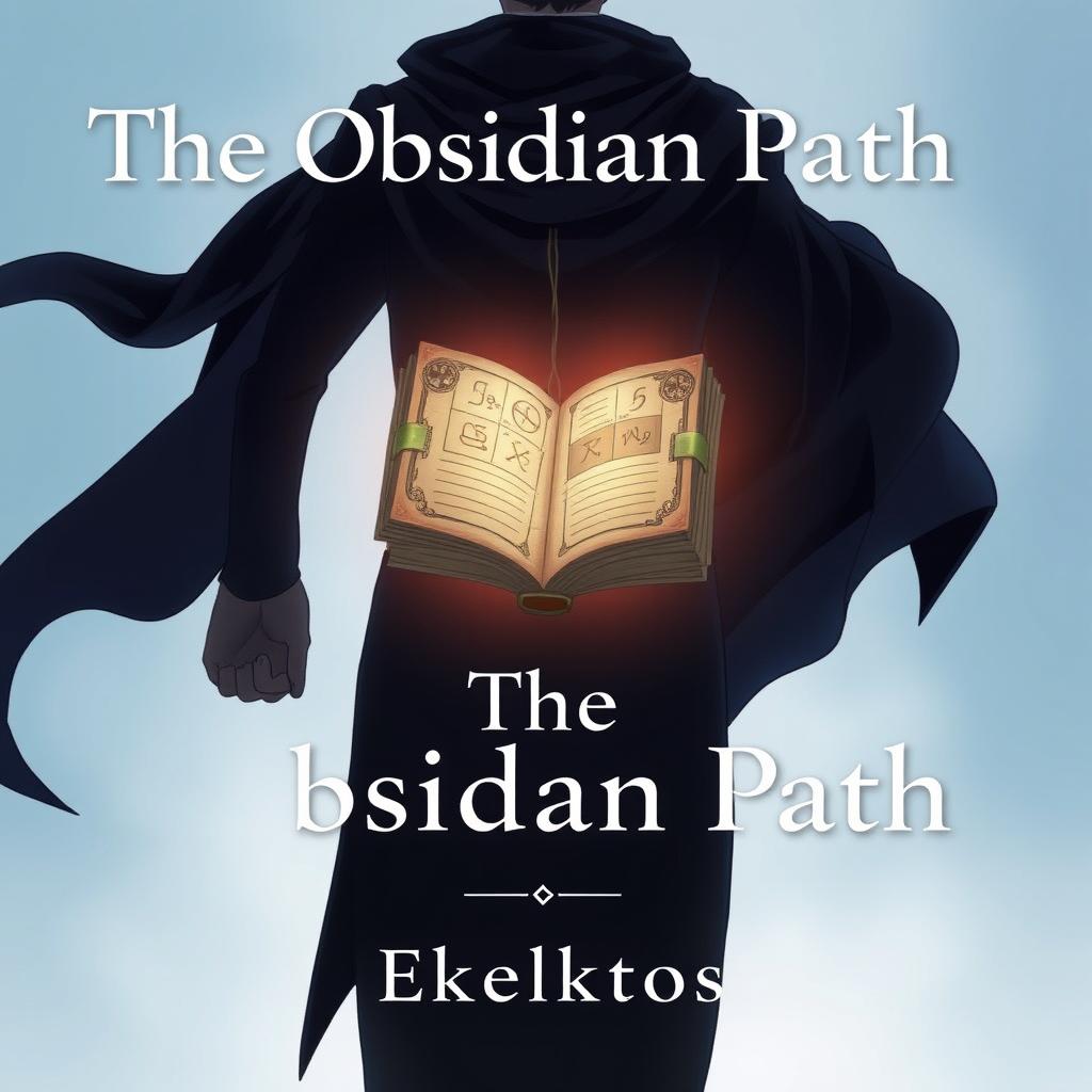 An anime-style cover page for the fantasy novel 'The Obsidian Path', depicting a man viewed from the back, clad in a flowing dark cloak that billows slightly in the wind