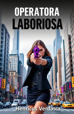A strong, confident woman aiming directly at the viewer with a unique purple pistol that combines features of a revolver and a traditional pistol