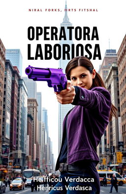 A strong, confident woman aiming directly at the viewer with a unique purple pistol that combines features of a revolver and a traditional pistol