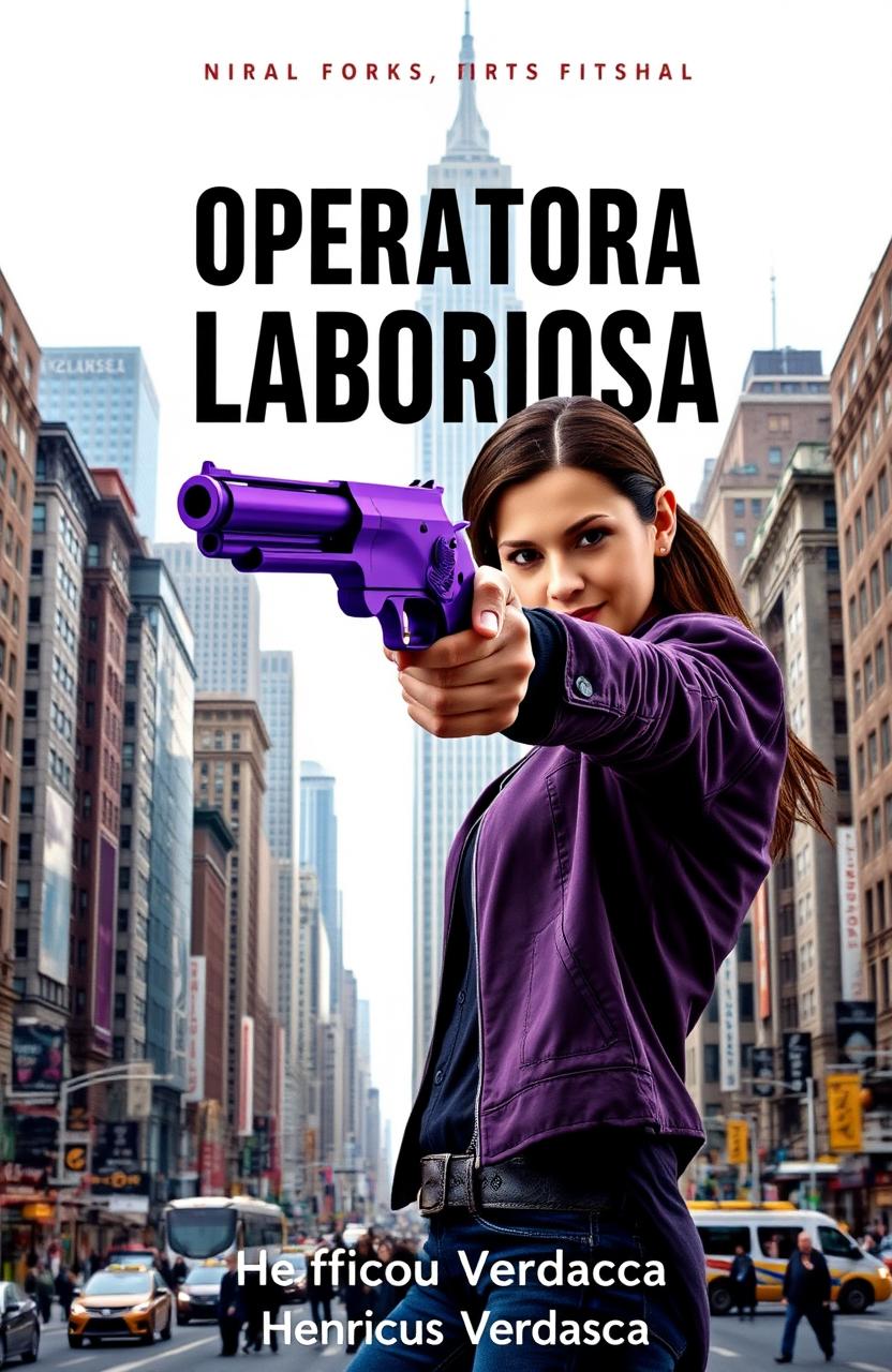 A strong, confident woman aiming directly at the viewer with a unique purple pistol that combines features of a revolver and a traditional pistol