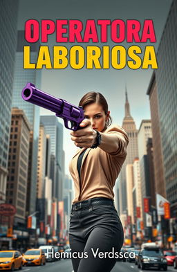 A strong, confident woman aiming directly at the viewer with a unique purple pistol that combines features of a revolver and a traditional pistol