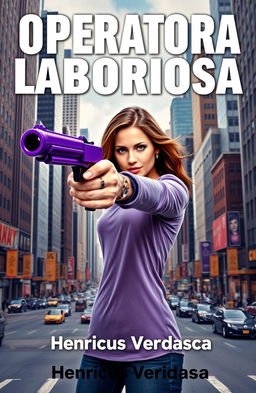 A strong, confident woman aiming directly at the viewer with a unique purple pistol that combines features of a revolver and a traditional pistol