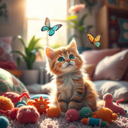 A cute and playful cat sitting in a cozy room surrounded by colorful toys and a warm window light streaming in