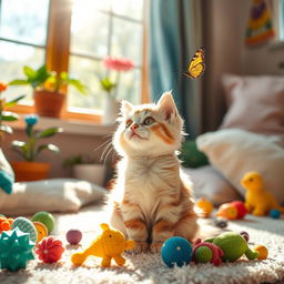 A cute and playful cat sitting in a cozy room surrounded by colorful toys and a warm window light streaming in