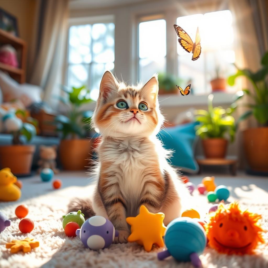 A cute and playful cat sitting in a cozy room surrounded by colorful toys and a warm window light streaming in