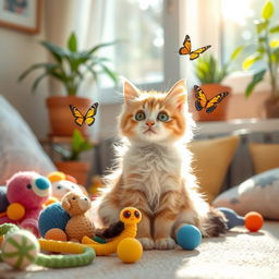 A cute and playful cat sitting in a cozy room surrounded by colorful toys and a warm window light streaming in