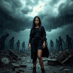 A young woman with long black hair, dressed in oversized black clothing, stands amidst the chaos of an alien invasion