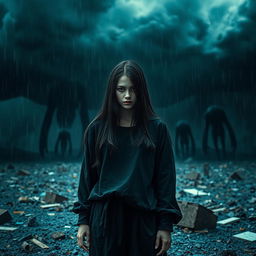A young woman with long black hair, dressed in oversized black clothing, stands amidst the chaos of an alien invasion