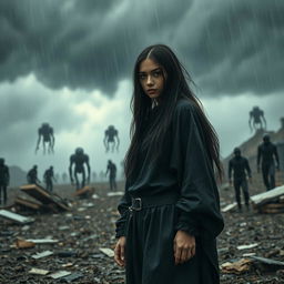 A young woman with long black hair, dressed in oversized black clothing, stands amidst the chaos of an alien invasion