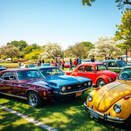 A vibrant car enthusiast scene featuring classic cars parked in a beautiful, sunlit park on a perfect day