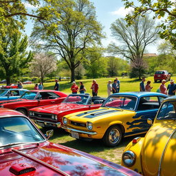 A vibrant car enthusiast scene featuring classic cars parked in a beautiful, sunlit park on a perfect day