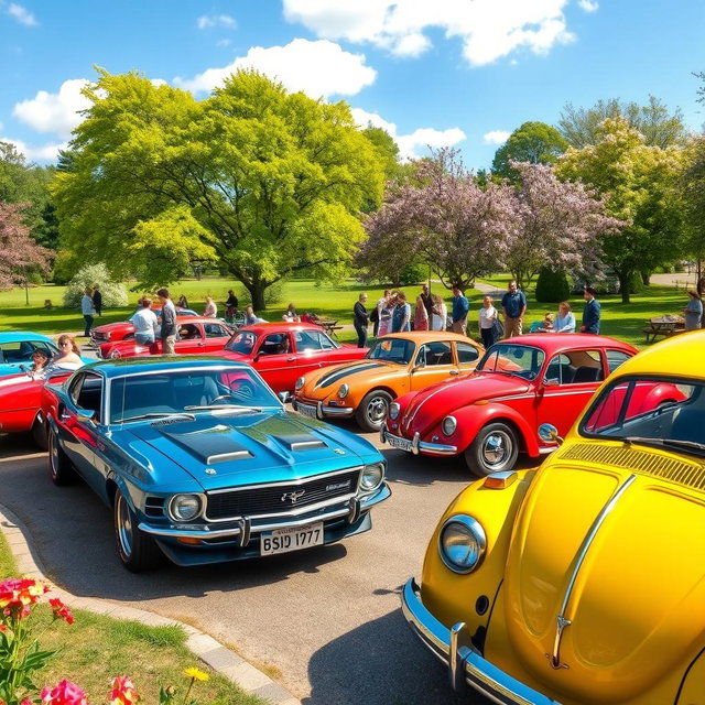 A vibrant car enthusiast scene featuring classic cars parked in a beautiful, sunlit park on a perfect day