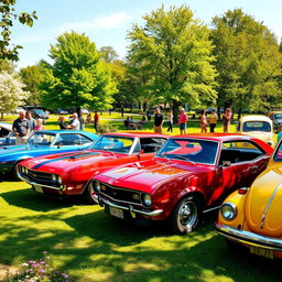 A vibrant car enthusiast scene featuring classic cars parked in a beautiful, sunlit park on a perfect day