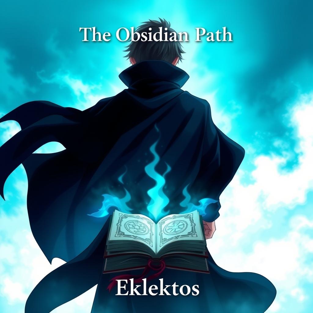 An eye-catching anime-style cover page for the fantasy novel 'The Obsidian Path', showcasing a man from the back, dressed in a flowing dark cloak