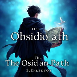 An eye-catching anime-style cover page for the fantasy novel 'The Obsidian Path', showcasing a man from the back, dressed in a flowing dark cloak