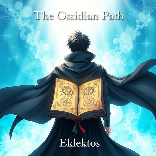 An eye-catching anime-style cover page for the fantasy novel 'The Obsidian Path', showcasing a man from the back, dressed in a flowing dark cloak