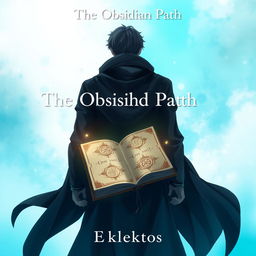 An eye-catching anime-style cover page for the fantasy novel 'The Obsidian Path', showcasing a man from the back, dressed in a flowing dark cloak