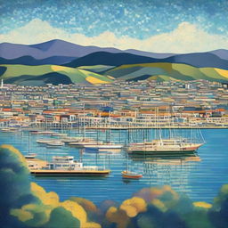 Reimagined artwork inspired by Paul Signac, 'Ports of Wellington' showcasing Wellington, New Zealand in a classic Post-Impressionist style, using distinctive dot patterns and dynamic, contrasting hues.