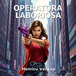 A powerful woman aiming straightforward with a unique purple pistol that combines features of both a revolver and a conventional pistol