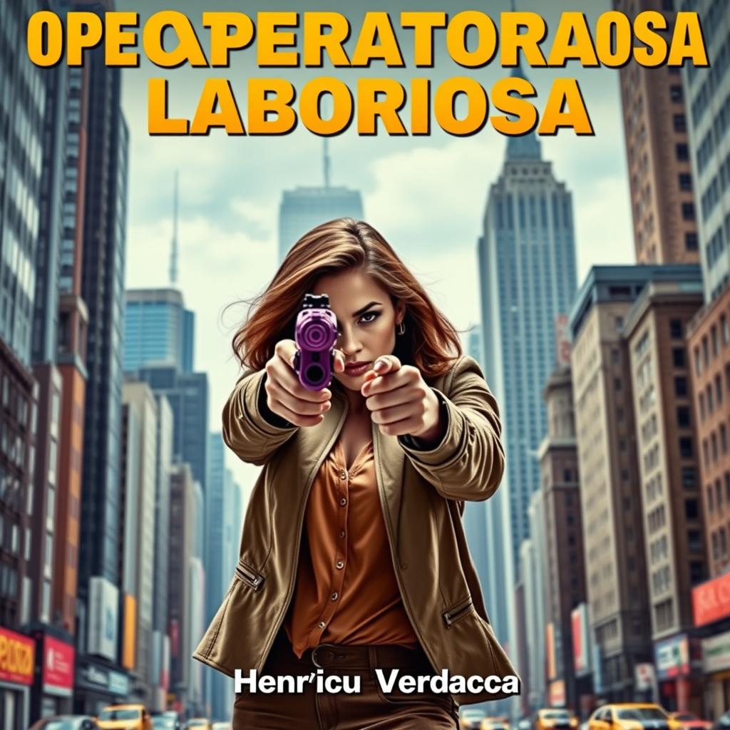 A powerful woman aiming straightforward with a unique purple pistol that combines features of both a revolver and a conventional pistol