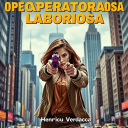 A powerful woman aiming straightforward with a unique purple pistol that combines features of both a revolver and a conventional pistol