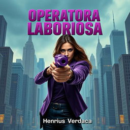 A powerful woman aiming straightforward with a unique purple pistol that combines features of both a revolver and a conventional pistol