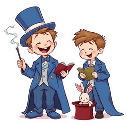 A whimsical and cute comic poster with a white background, featuring two cartoonish five-year-old children dressed in oversized blue magician tuxedos