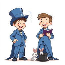 A whimsical and cute comic poster with a white background, featuring two cartoonish five-year-old children dressed in oversized blue magician tuxedos