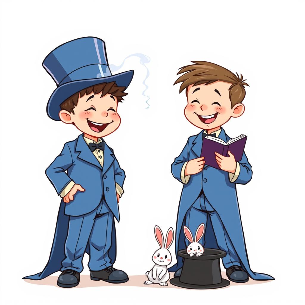 A whimsical and cute comic poster with a white background, featuring two cartoonish five-year-old children dressed in oversized blue magician tuxedos