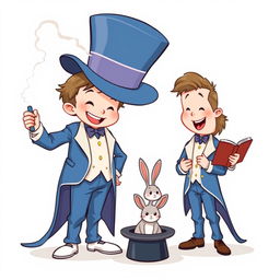 A whimsical and cute comic poster with a white background, featuring two cartoonish five-year-old children dressed in oversized blue magician tuxedos