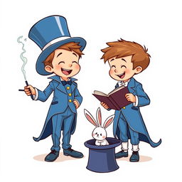 A whimsical and cute comic poster with a white background, featuring two cartoonish five-year-old children dressed in oversized blue magician tuxedos