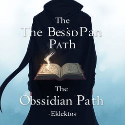 An anime-style cover page for the fantasy novel 'The Obsidian Path', featuring a man seen from behind, draped in a flowing dark cloak that adds a sense of mystery