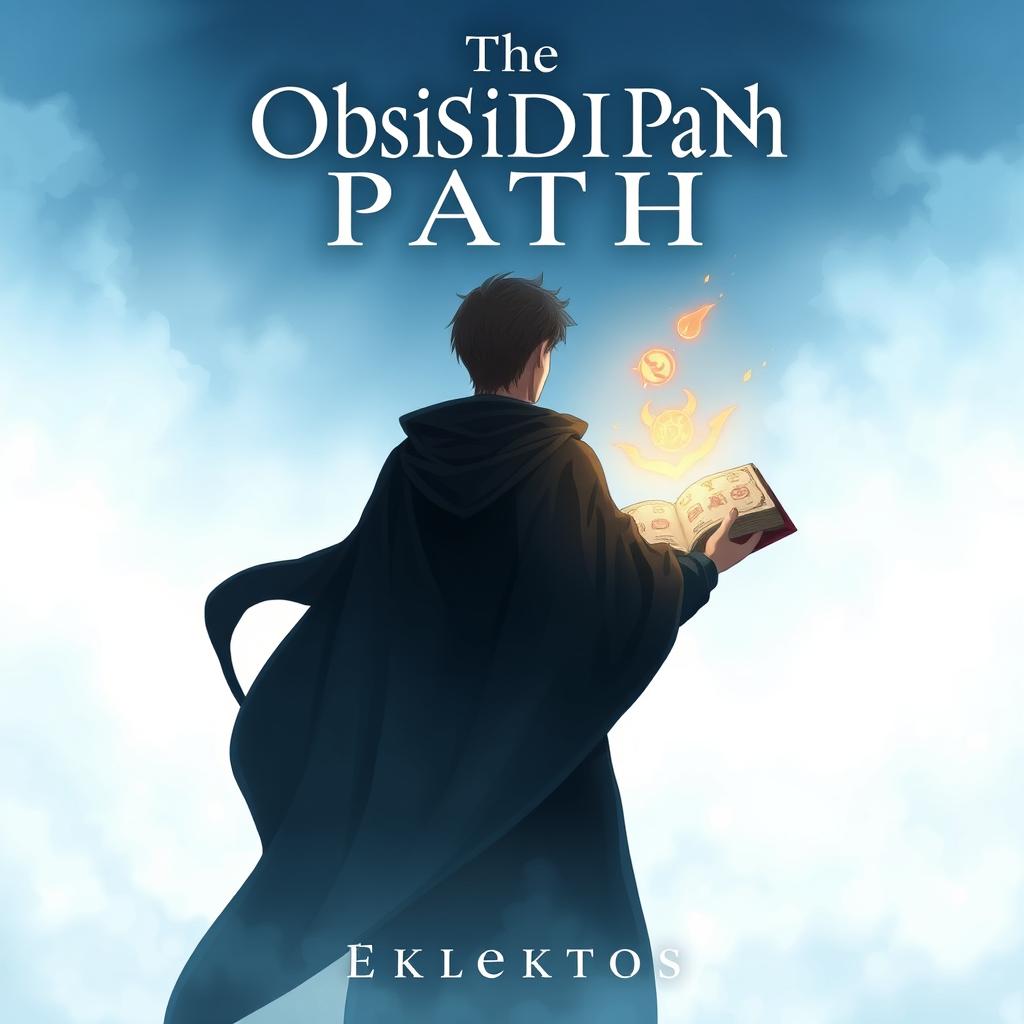 An anime-style cover page for the fantasy novel 'The Obsidian Path', featuring a man seen from behind, draped in a flowing dark cloak that adds a sense of mystery