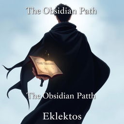 An anime-style cover page for the fantasy novel 'The Obsidian Path', featuring a man seen from behind, draped in a flowing dark cloak that adds a sense of mystery