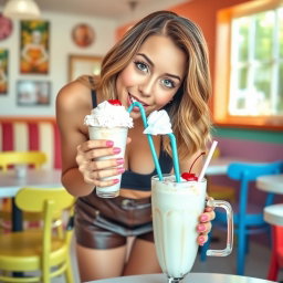 A young woman wearing stylish leather shorts leans forward to kiss a creamy milkshake in a whimsical, playful moment