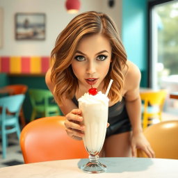 A young woman wearing stylish leather shorts leans forward to kiss a creamy milkshake in a whimsical, playful moment