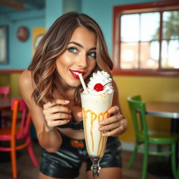 A young woman wearing stylish leather shorts leans forward to kiss a creamy milkshake in a whimsical, playful moment