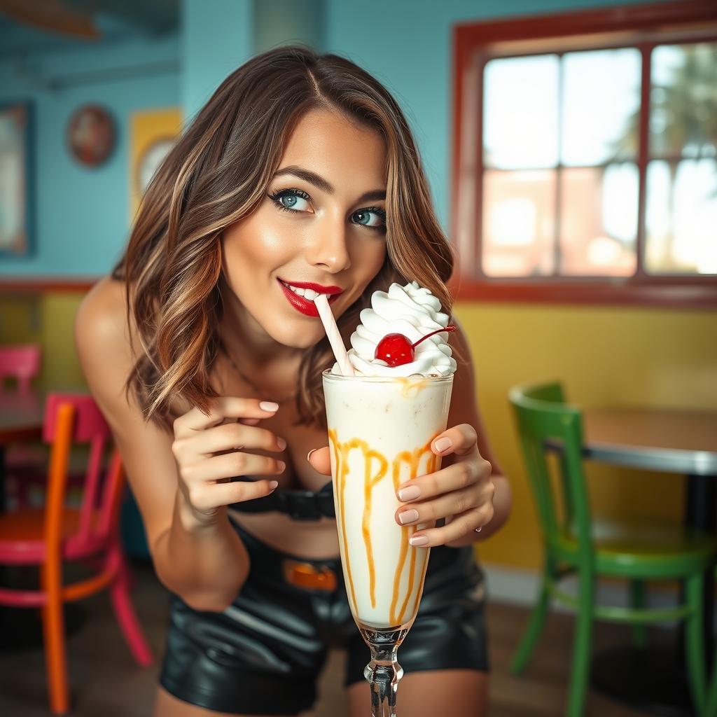 A young woman wearing stylish leather shorts leans forward to kiss a creamy milkshake in a whimsical, playful moment