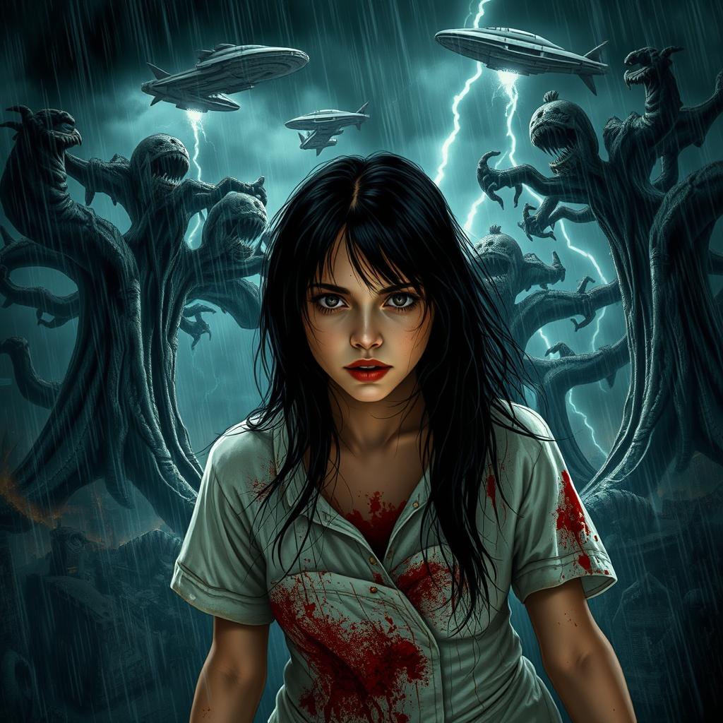 A young woman with black hair, wearing white clothes stained with blood and dirt, is caught in the chaos of an alien invasion surrounded by gigantic, grotesque trees