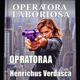 A strong woman aiming straightforward with a unique purple pistol that combines elements of a revolver and a pistol