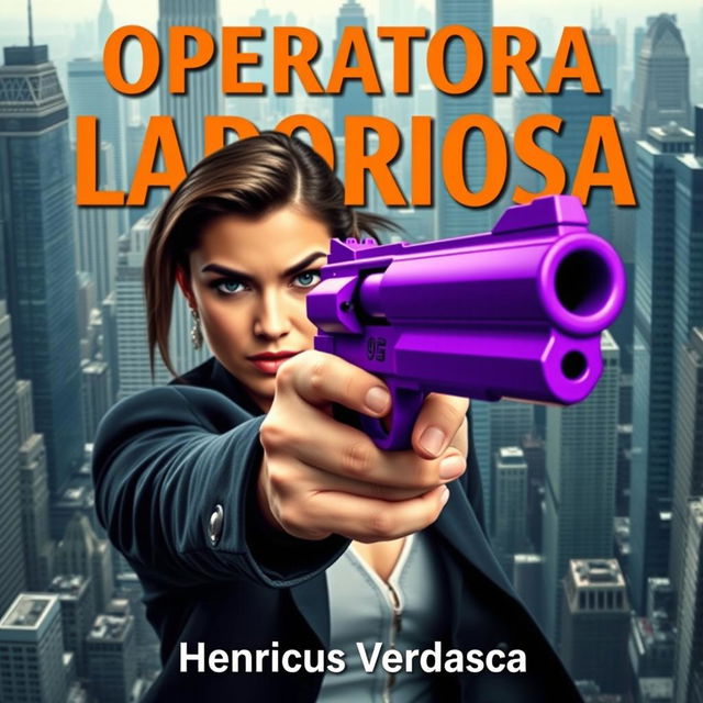 A strong woman aiming straightforward with a unique purple pistol that combines elements of a revolver and a pistol