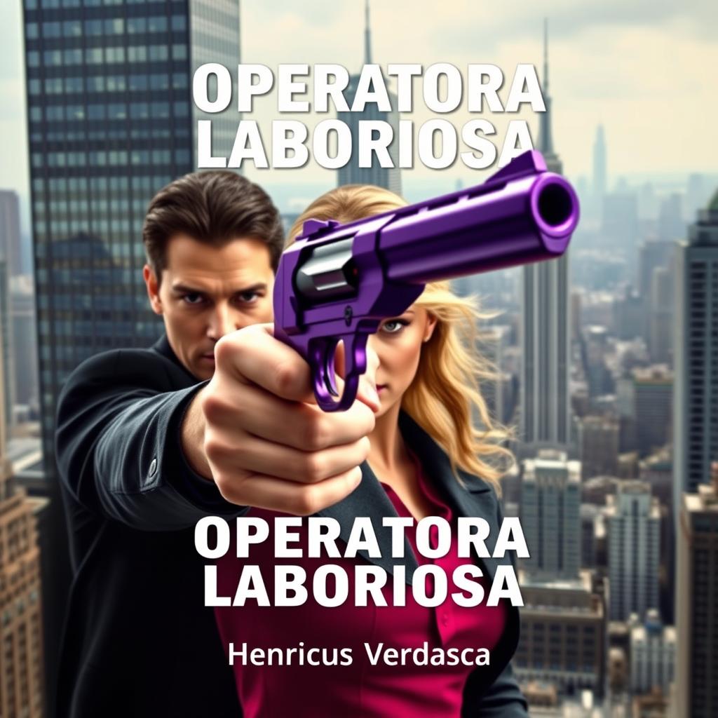 A strong woman aiming straightforward with a unique purple pistol that combines elements of a revolver and a pistol