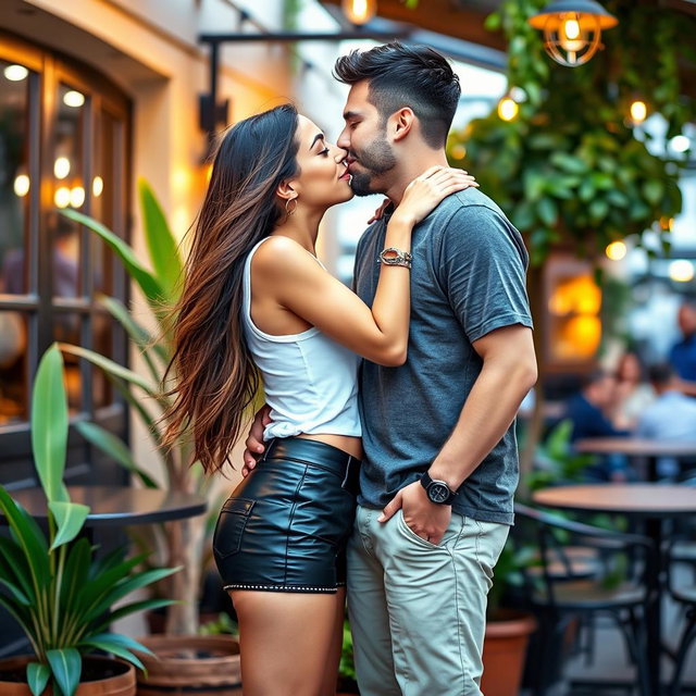 A young woman wearing fashionable leather shorts leans in to kiss a man in a romantic moment