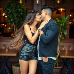 A young woman wearing fashionable leather shorts leans in to kiss a man in a romantic moment