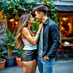 A young woman wearing fashionable leather shorts leans in to kiss a man in a romantic moment