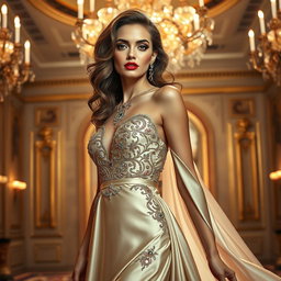 A high-fashion editorial photo shoot featuring a stunning model wearing a glamorous evening gown made of flowing silk