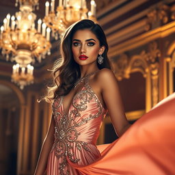 A high-fashion editorial photo shoot featuring a stunning model wearing a glamorous evening gown made of flowing silk